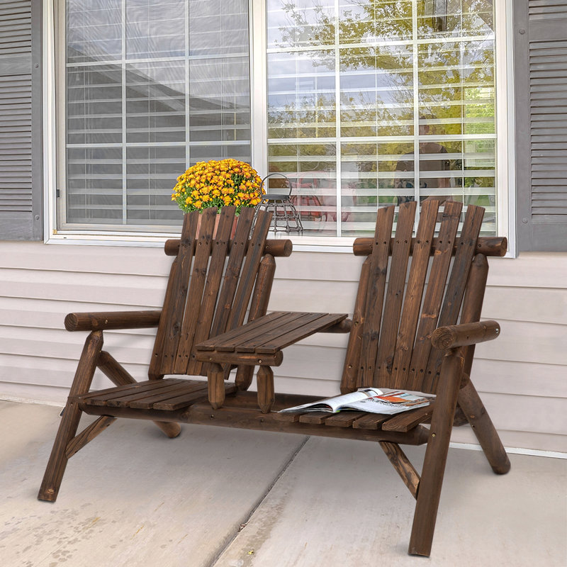 2-Seat Wooden Adirondack Chair, Patio Bench With Table, Outdoor Loveseat Fire Pit Chair For Porch, Backyard, Deck, Brown