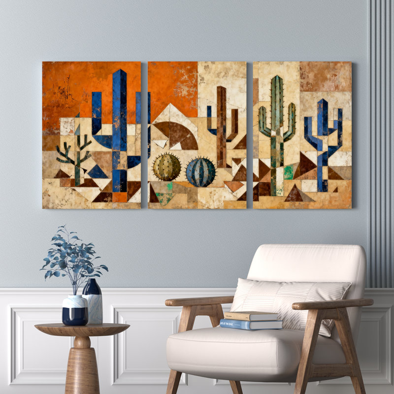 Tableau abstrait sur toile tendue, motif géométrique de cactus et de paysage désertique (lot de 3), H 24 po x l 48 po