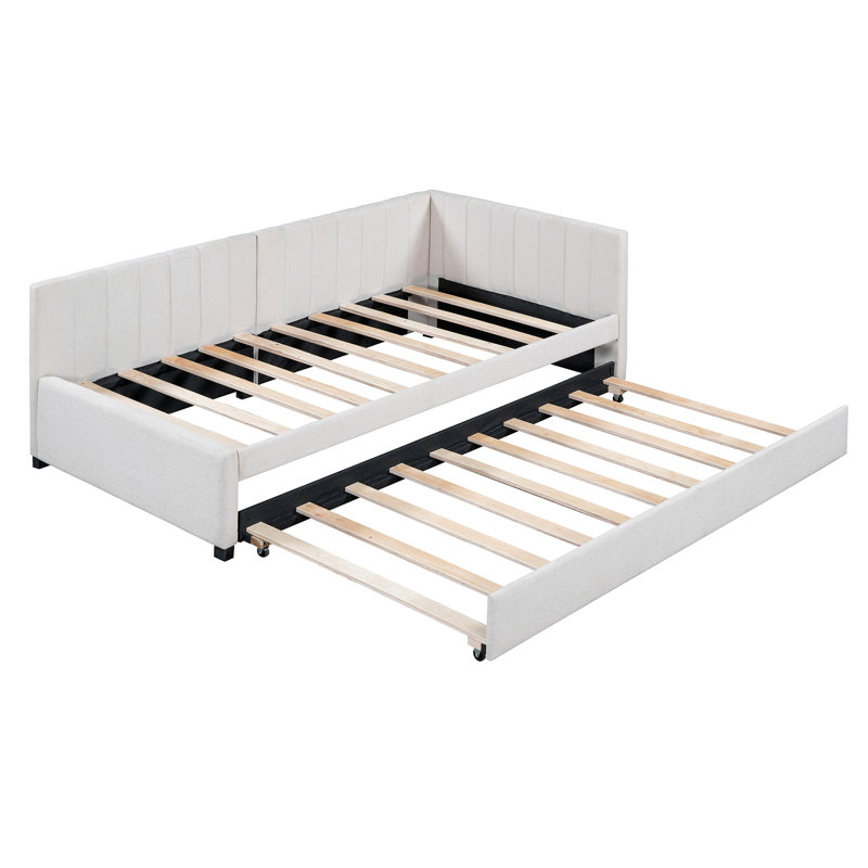 Lit de jour rembourré avec base de canapé-lit sans sommier, tissu en lin, Lit simple, Beige