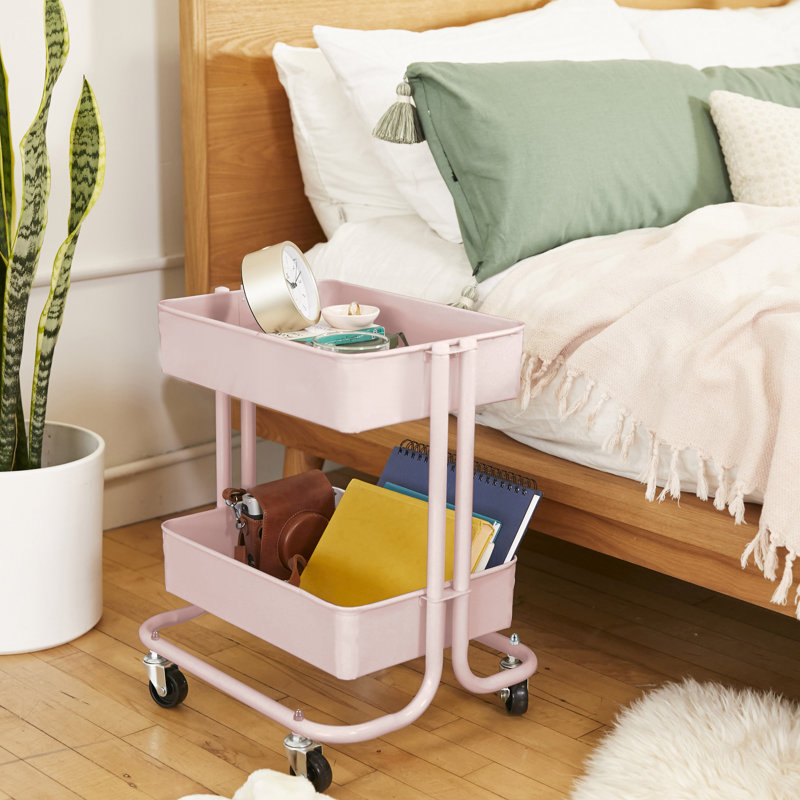 ECR4Kids Pink 2-Tier Metal Rolling Utility Cart