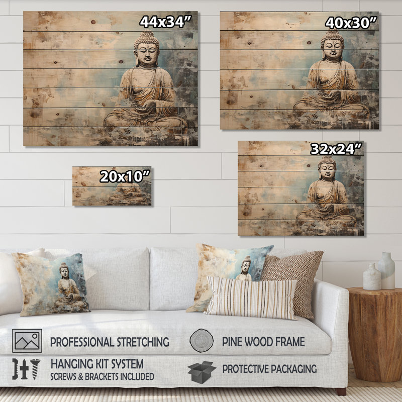 Statue de bouddhisme simple - Art mural en bois de bouddhisme sur bois de pin naturel, H 10 po x l 20 po