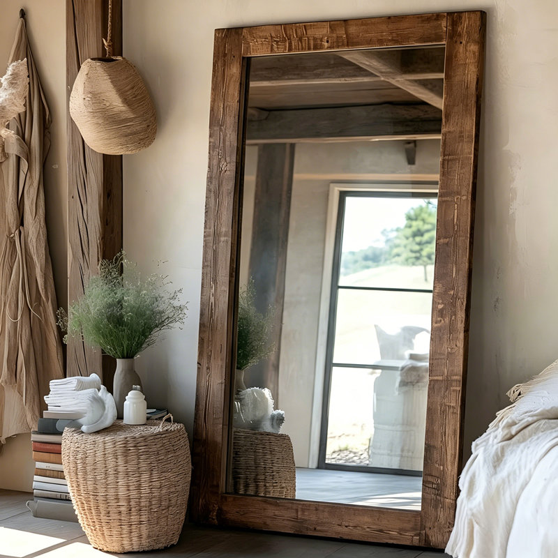 Miroir rectangulaire en verre de 74,8 po avec cadre en bois de poirier brun et miroir, 74.8" H x 35.43" W x 1.97" D