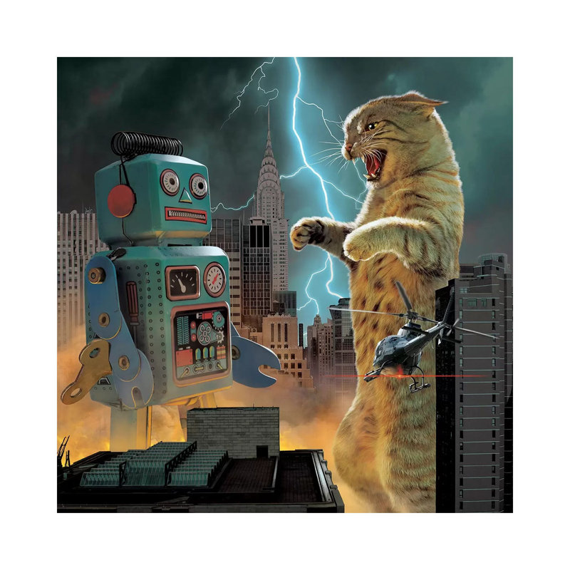 " Catzilla Vs Robot " by Vincent Hie, 37" H x 37" W x 1.5" D, Wrapped Canvas