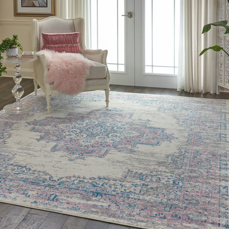 Burnie Oriental Ivory/Pink Area Rug, Rectangle 5'3" x 7'3"