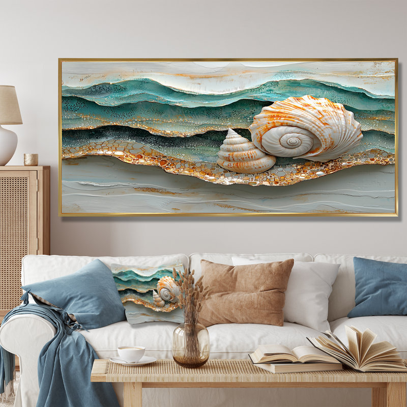 Coquillage et sable émeraude II - art mural bord de mer, H 28 po x l 60 po, Cadre flottant, Doré