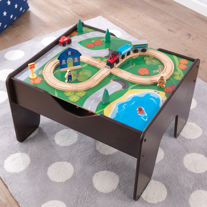 2-in-1 Wooden Activity Table with Board, Train Set and 195 Bricks, Espresso