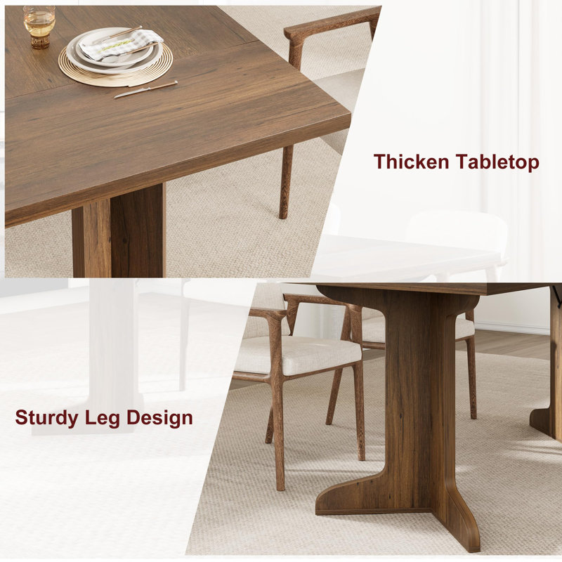 Grande table de salle à manger 71 po pour 6 personnes, table de cuisine de ferme avec plateau rembourré et pieds en forme de V uniques, table de salle à manger rectangulaire en bois pour 8 personnes