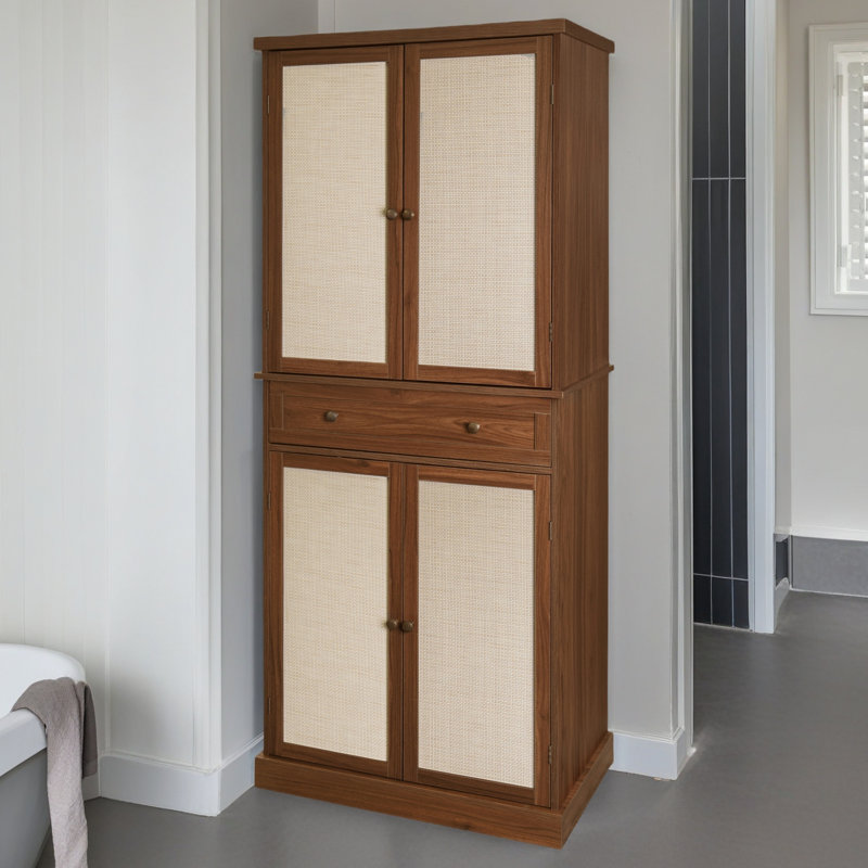 Armoire à 4 portes avec 1 tiroir, 4 tablettes intérieures réglables, armoire de rangement, Noyer