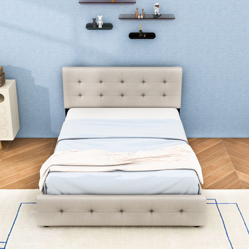 Grand lit plateforme tapissier avec tiroirs de rangement et lit gigogne simple TG, Gris clair