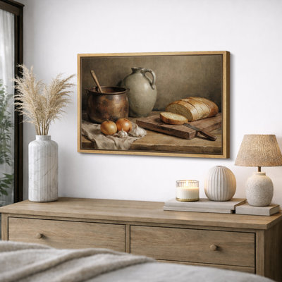 Rustic Kitchen Still Life with Bread and Pottery - Pictures Framed Canvas Print Wall Art