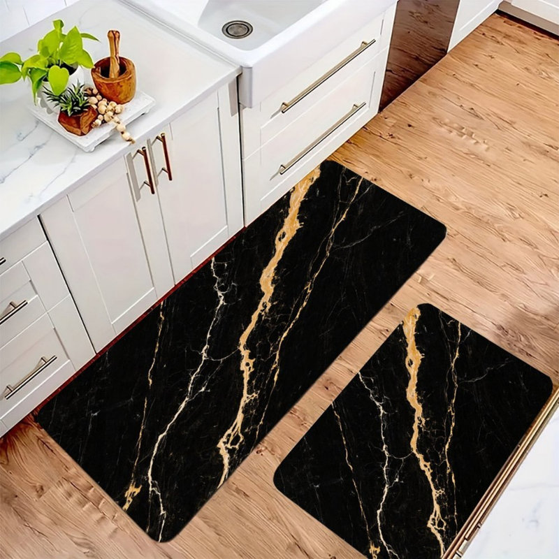 Tapis de cuisine en marbre noir et or noir, ensemble de 2 tapis modernes pour la cuisine et le garde-manger