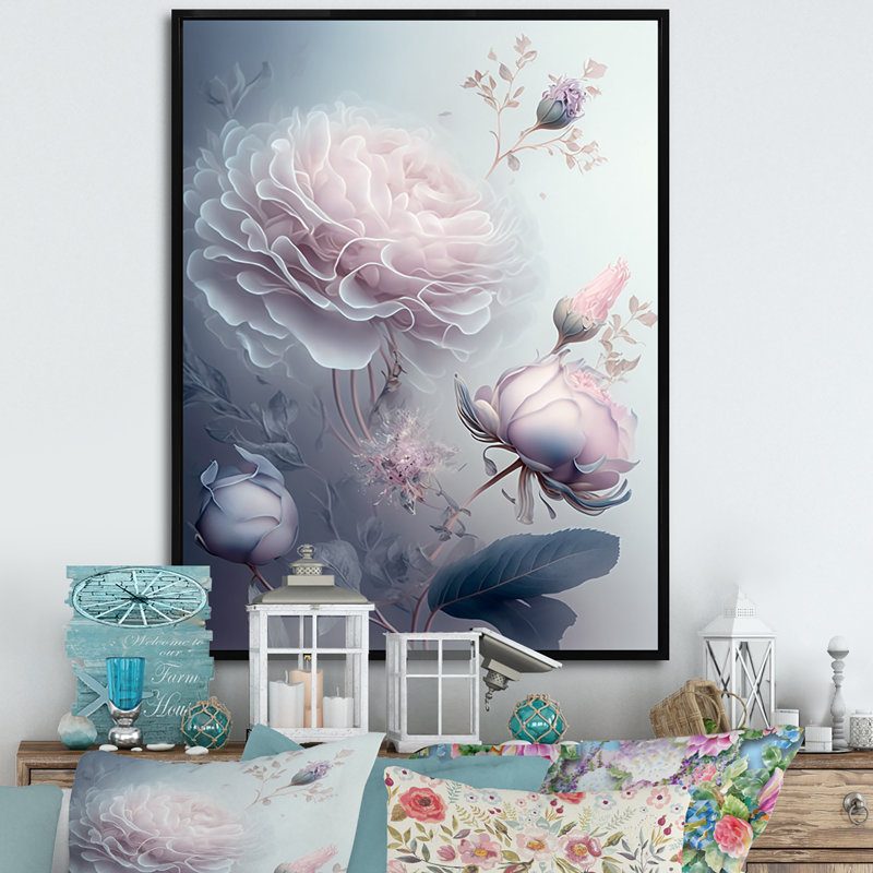 Art floral sur toile, "Ethereal Soft Blossoming", H 44 po x l 34 po x P 1,5 po, Cadre flottant noir