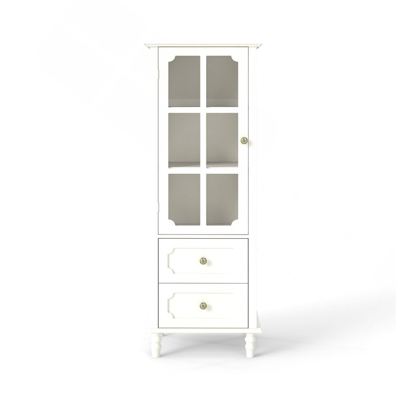 White Minimalist Buffet Cabinet with Glass Doors & Double Drawers, Modern Wooden Storage Sideboard for Living Room, Dining Room & Entryway