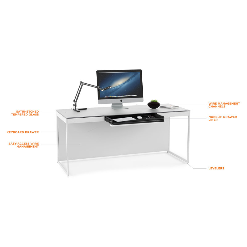 Satin White & Grey Glass Writing Desk with Drawer and Power Outlet