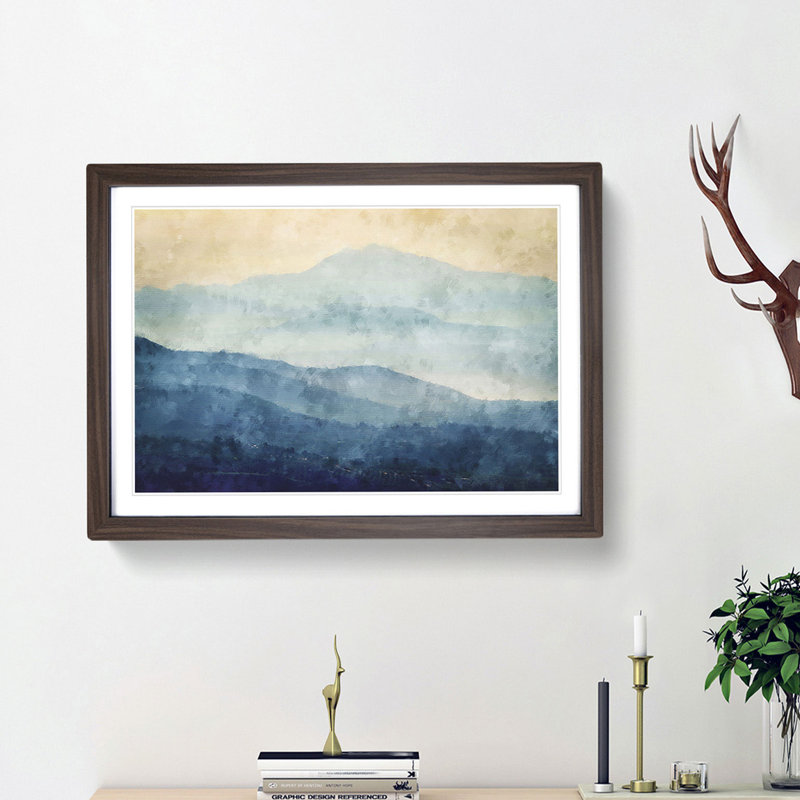 Mountain Fog in Crete Greece - Picture Frame Painting Print, 62cm H x 87cm W x 2cm D, Walnut Framed