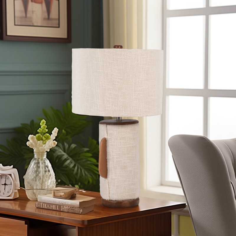 Neutral Textured Natural 24" Omix Fabric Lamp With Wood, Ivory, Cylinder - 13" x 13" x 24"