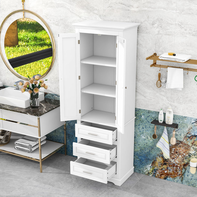 Wood Bathroom Cabinet with Three Drawers, White