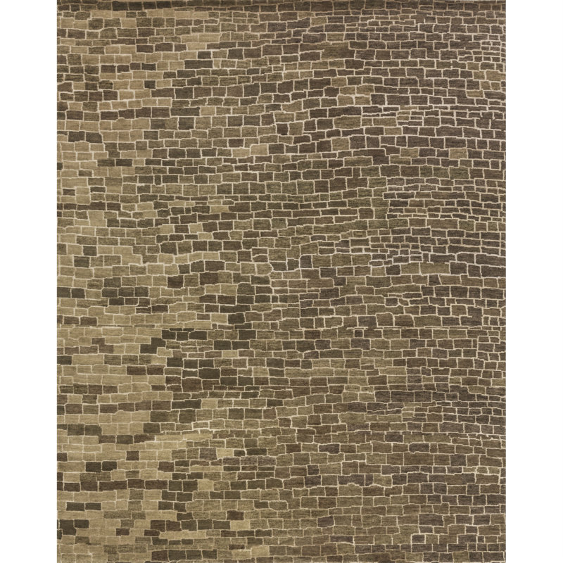 Tapis latte / brun noué à la main à motif géométrique Hermitage, Rectangle 7 pi 9 po x 9 pi 9 po