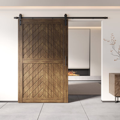 Homacer Dark Walnut 42 in. x 80 in. Finished & Unassembled 4-IN-1 Fishbone Design Barn Door with Non-Bypass Installation Hardware Kit, 7.5ft track, interior use only