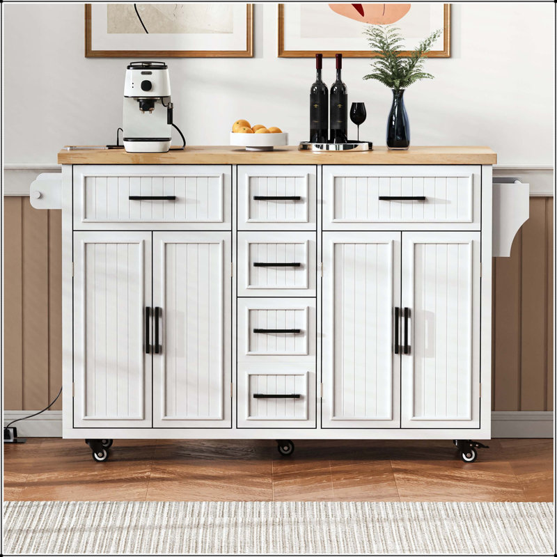 Îlot de cuisine 56,5 po avec abattant, bande verticale en relief et 4 portes - blanc, White