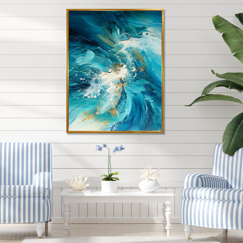 Océan blanc et courants bleus sur toile, H 32 po x l 16 po x P 1 po, Cadre flottant blanc