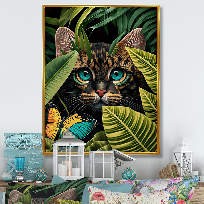 «Cute Cat With Butterfly In Jungle Bushes I», reproduction d'art sur toile, L 30 po x H 40 po, Cadre flottant doré