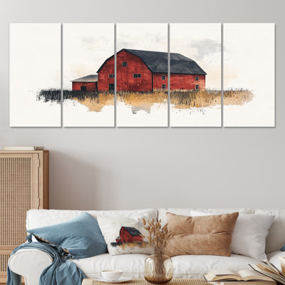 Red And Black Rustic Barn Landscape I - Farmhouse Wall Art Set
