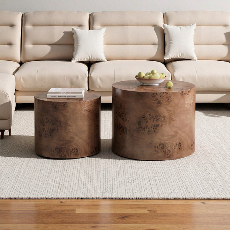 Modern Round Nesting Coffee Table Set of 2 - Wooden Burl Drum Accent Tables for Living Room, Bedroom & Small Spaces, Dark Brown