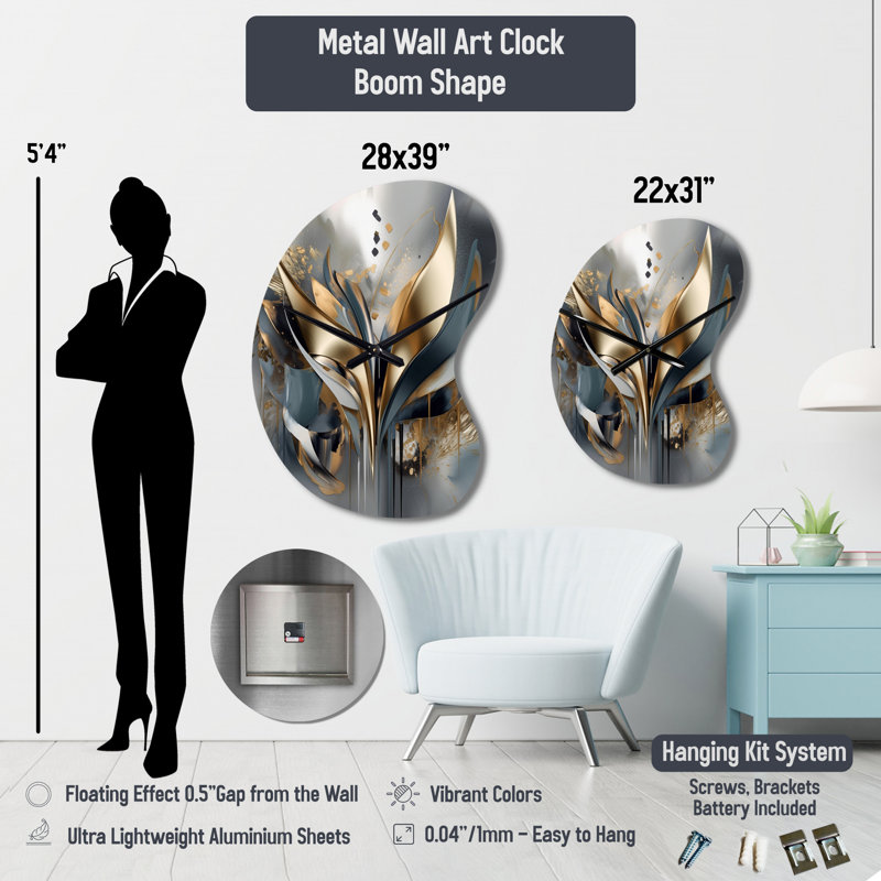 Gold Frosted River And Mountain III - Boom Shape Large Forest River Mountains 3D Wall Clock, Small