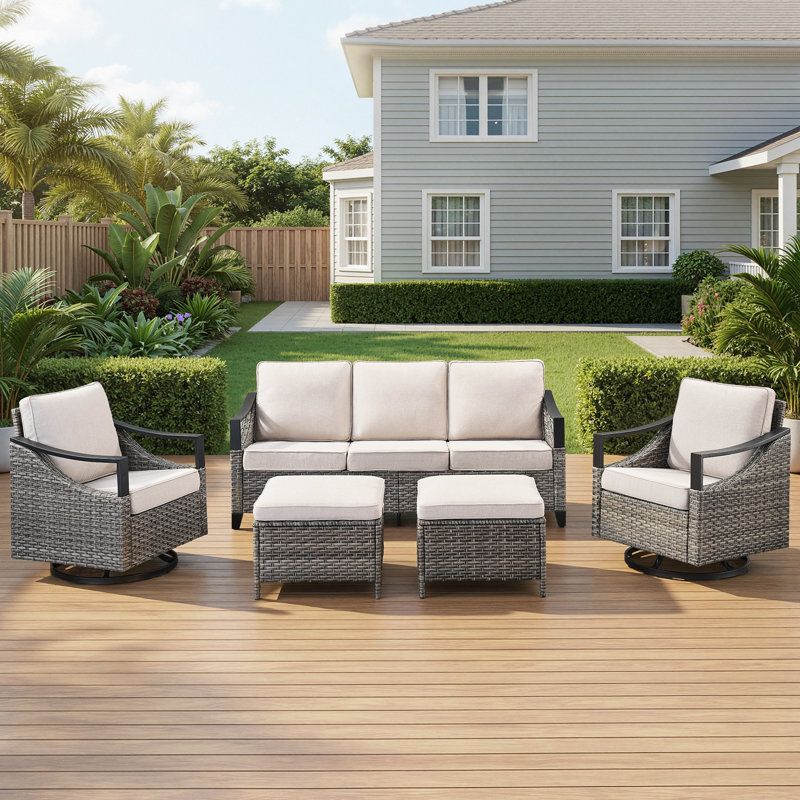 5-Piece Outdoor Patio Rattan Sofa Set With Ottomans And Swivel Chairs, Beige
