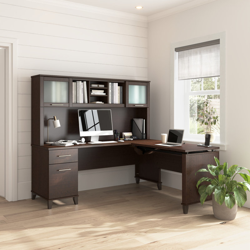 Paelynn 72” L-Shaped Sit to Stand Desk with Hutch, Adjustable Height, Storage, Modern Wood, Mocha Cherry, Mocha Cherry