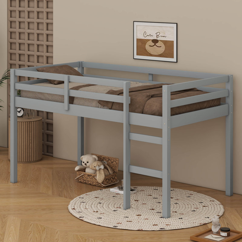 Twin Size Solid Rubber Wood Loft Bed – Ladder & Strengthened Slat Bed Platform, Gray
