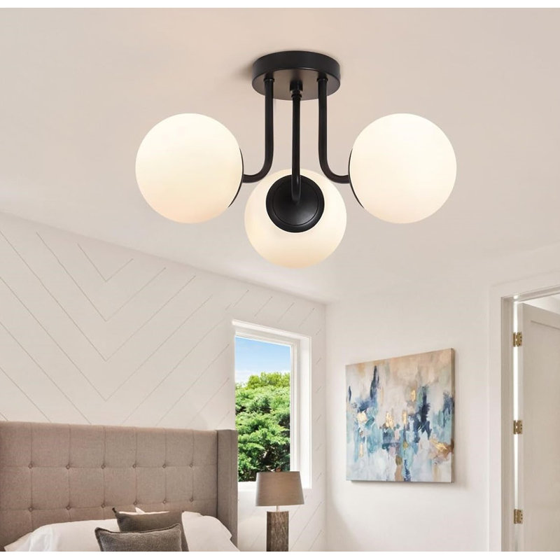 Matte Black 3-Light Semi Flush Mount Ceiling Fixture with Milk Glass Globes