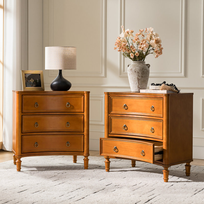 Gillianne 26"W 3-Drawer Curved Silhouette End Table with Built-in Charging Station and Simple Assembly Set of 2, Acorn