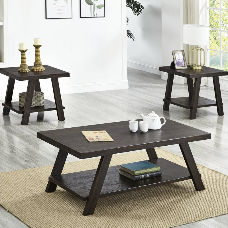 Table basse contemporaine à 3 tables rectangulaires avec tablette supplémentaire pour le salon en bois, Weathered Grey