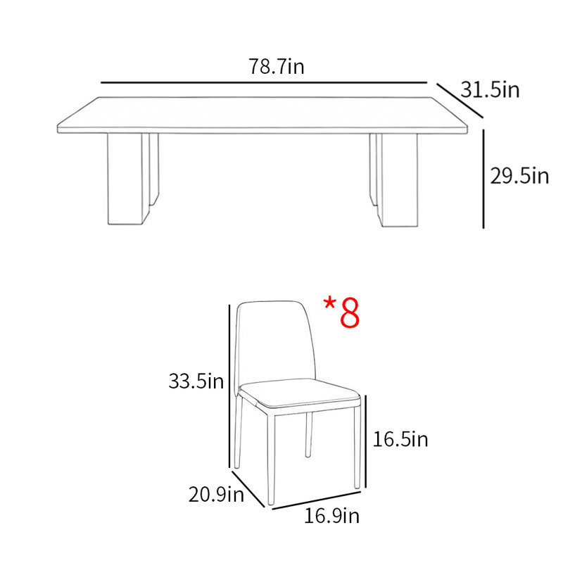 Modern minimalist black dining table sets, 29.5"H x 78.7"L x 31.5"W