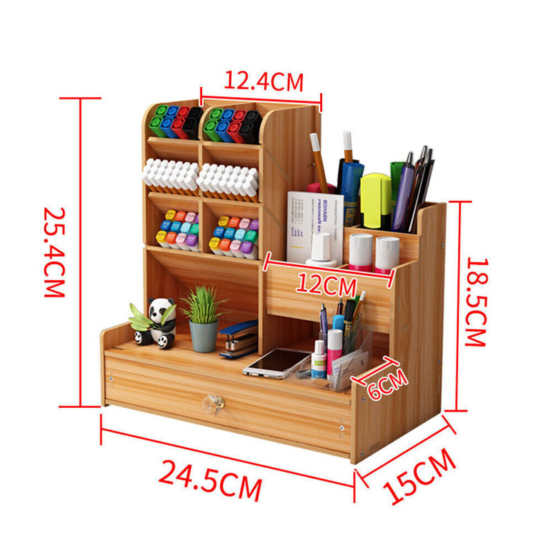 Muti-Functional Wooden Pen Pot Pencil Ruler Storage Holder Desktop Study Office with Drawer