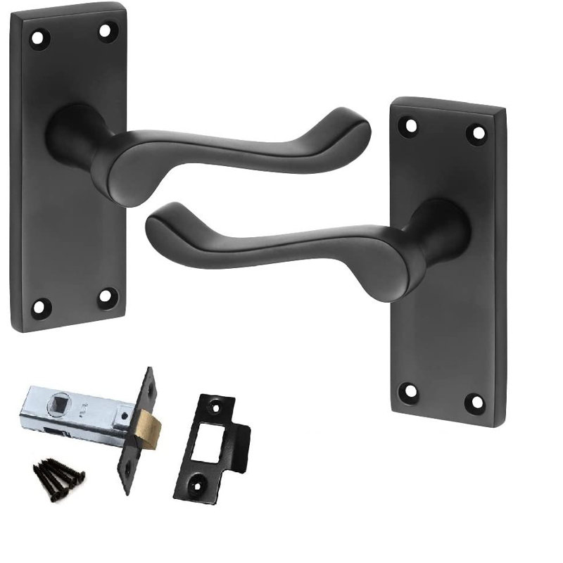 Golden Grace 4 Pack Premium Victorian Scroll Door Handles with Latch Pack Set in Matt Black Finish - 120mm x 40mm Backplate