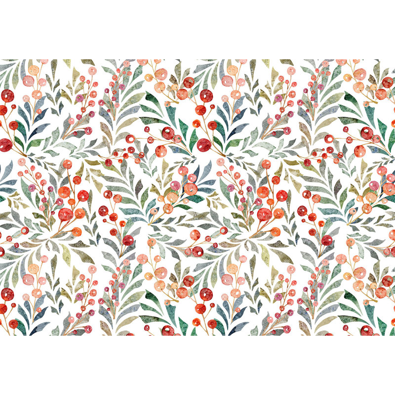 Botanical Wallpaper Wall Mural - Leaves Of Red Berries, 27" L x 39" W