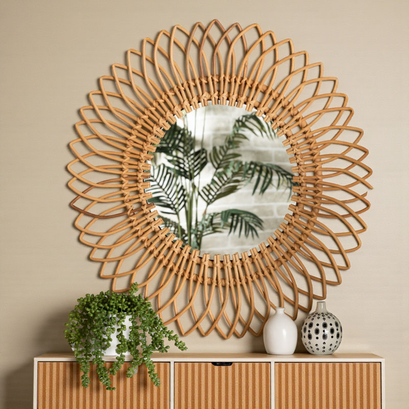 Miroir d'appoint mural rond en rotin naturel de style bohémien Xarvin