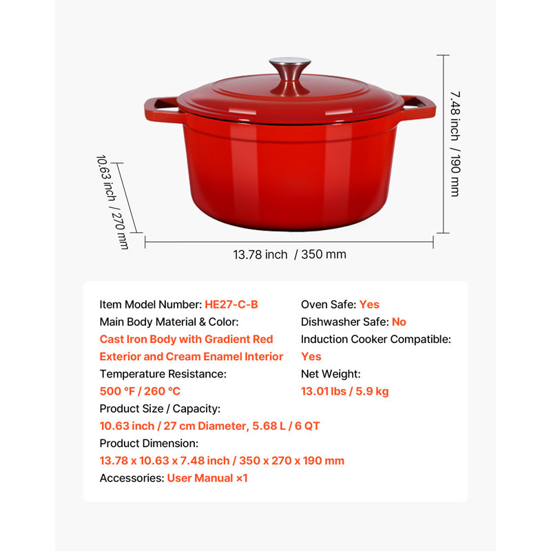 VEVOR 6L Enamelled Cast Iron Round Dutch Oven, Red