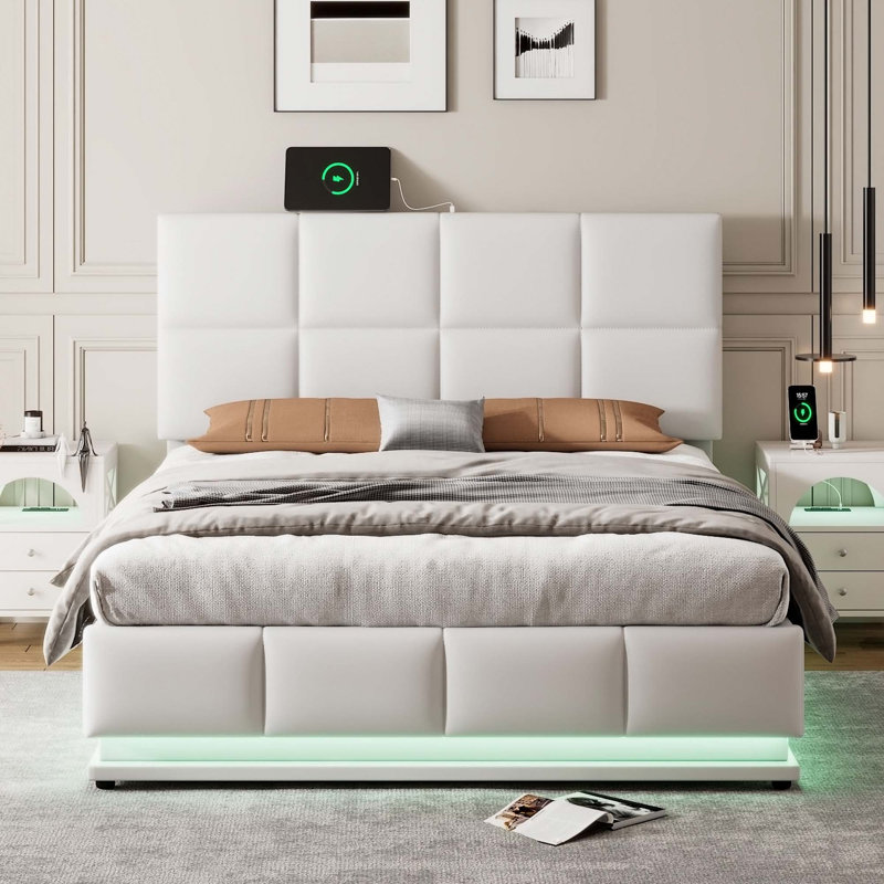 Lit plateforme de rangement hydraulique luxueux avec lumières DEL et chargeur USB pour un sommeil confortable