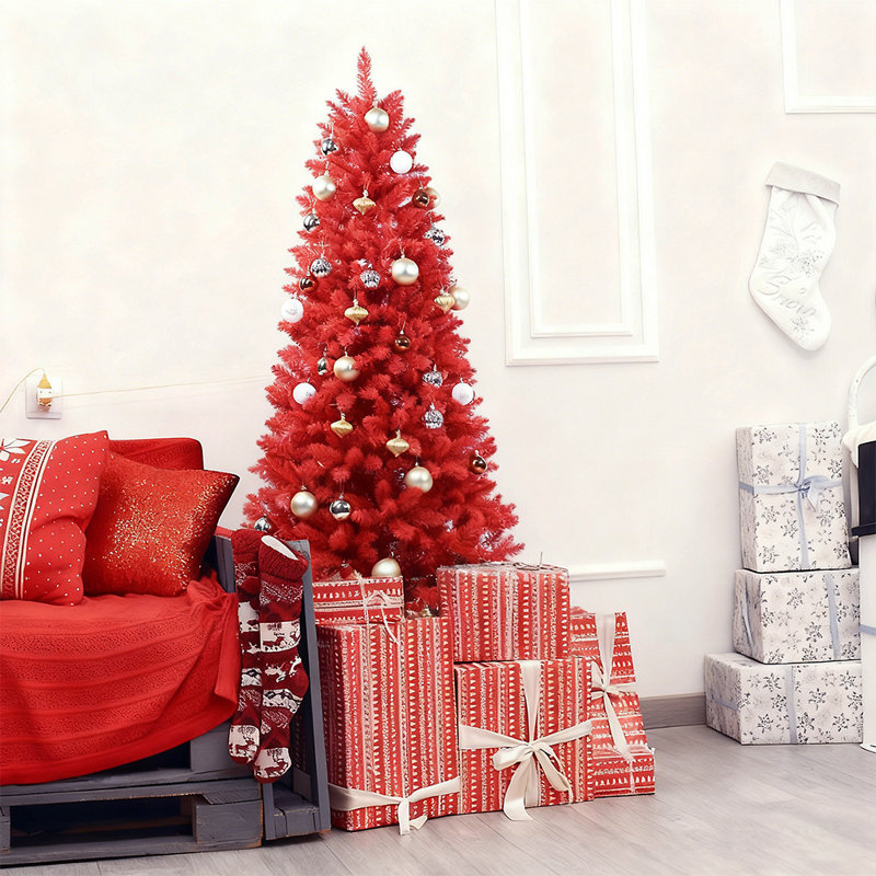 Arbre de Noël artificiel rouge 5 pi avec 624 pointes, conception à charnières non éclairée de qualité supérieure, décor de Noël réaliste avec base et assemblage faciles