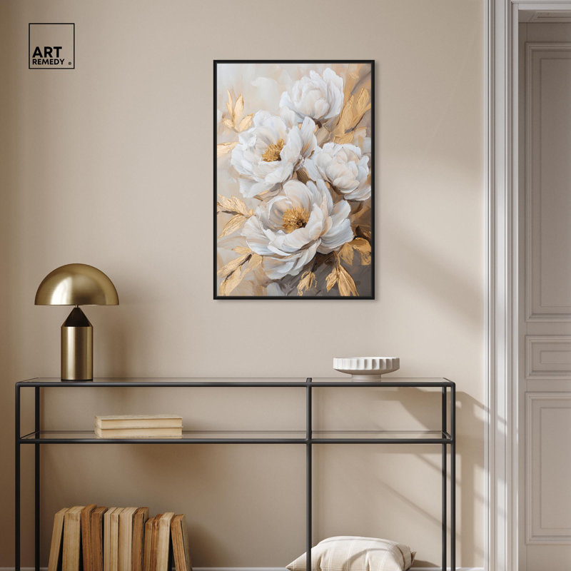 Art Remedy, art floral élégant sur toile, Blooming in the Golden Mist, H 31 po x l 21 po, Cadre flottant noir