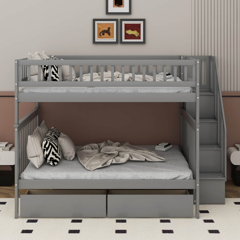 Full Over Full Bunk Bed With Drawers, Gray