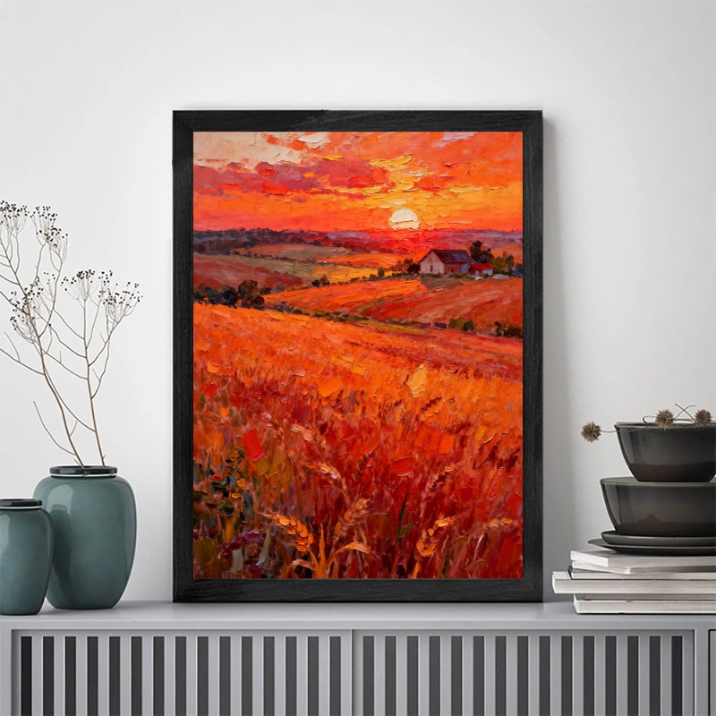 Art encadré noir rétro Le coucher de soleil jette une teinte dorée sur les rizières, art mural, impressions de style rétro