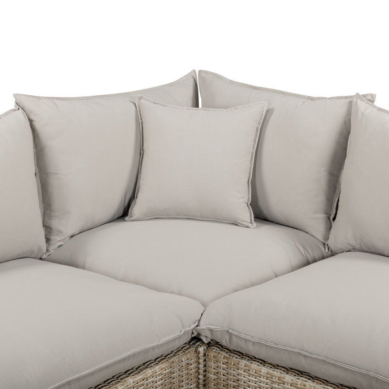 Grand canapé modulaire d'extérieur Cali en tissu gris clair et osier naturel, 5, Sectional, Ottoman