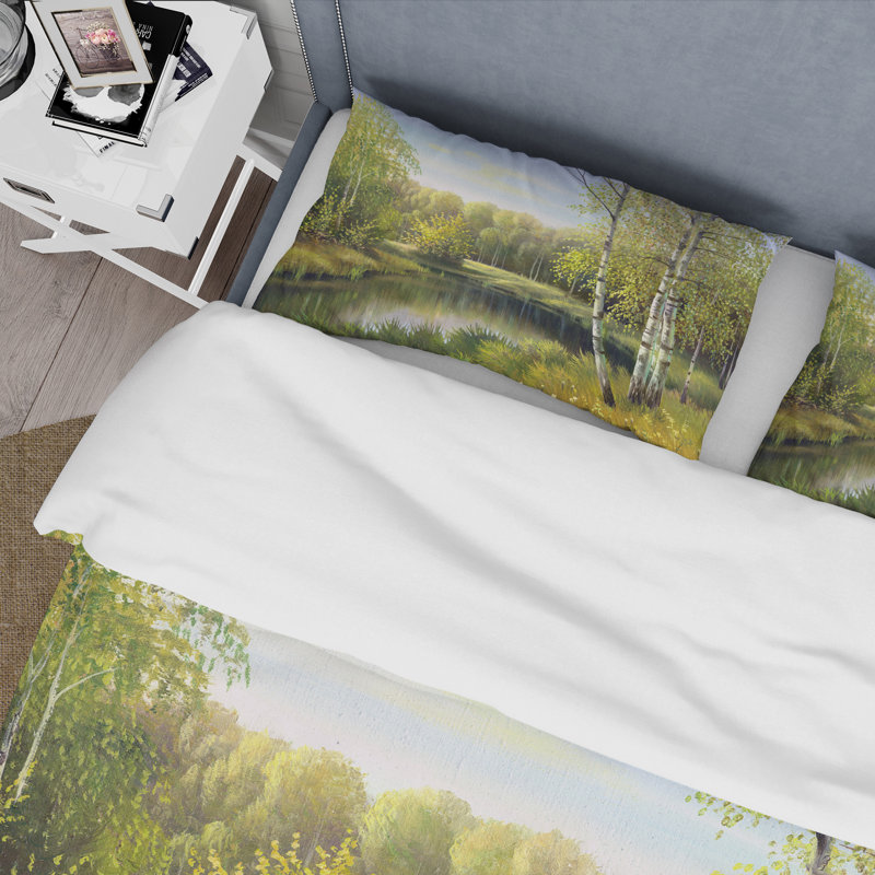 Birches By The River In Silent Green Nature - Ensemble de housse de couette traditionnel - Microfibre de polyester