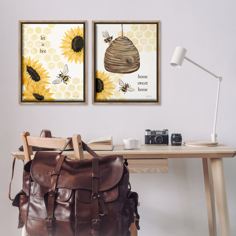 «Sunflower Let it Bee Skep», ensemble de 2 toiles flottantes encadrées par Yvette St. Amant, Cadre flottant orme Montalcino
