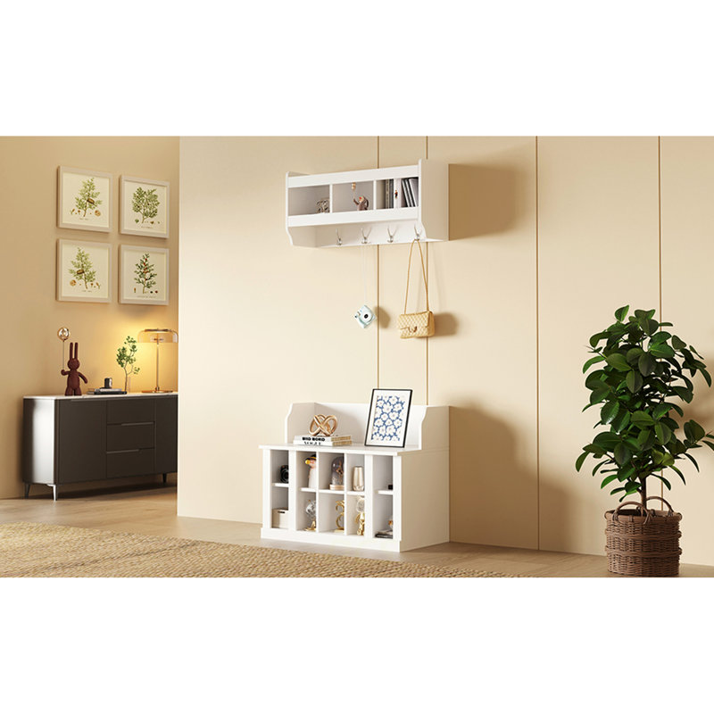 Banc de rangement pour chaussures avec tablettes et crochets, organisateur de vestibule avec portemanteau mural, Blanc